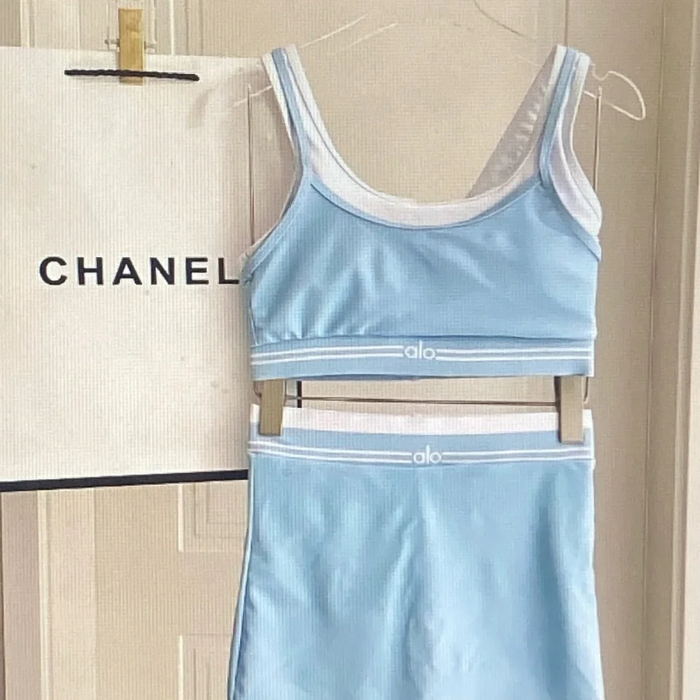 ALO Yoga Powder Blue Ribbed Sports Bra and Mini Skirt Set Size M